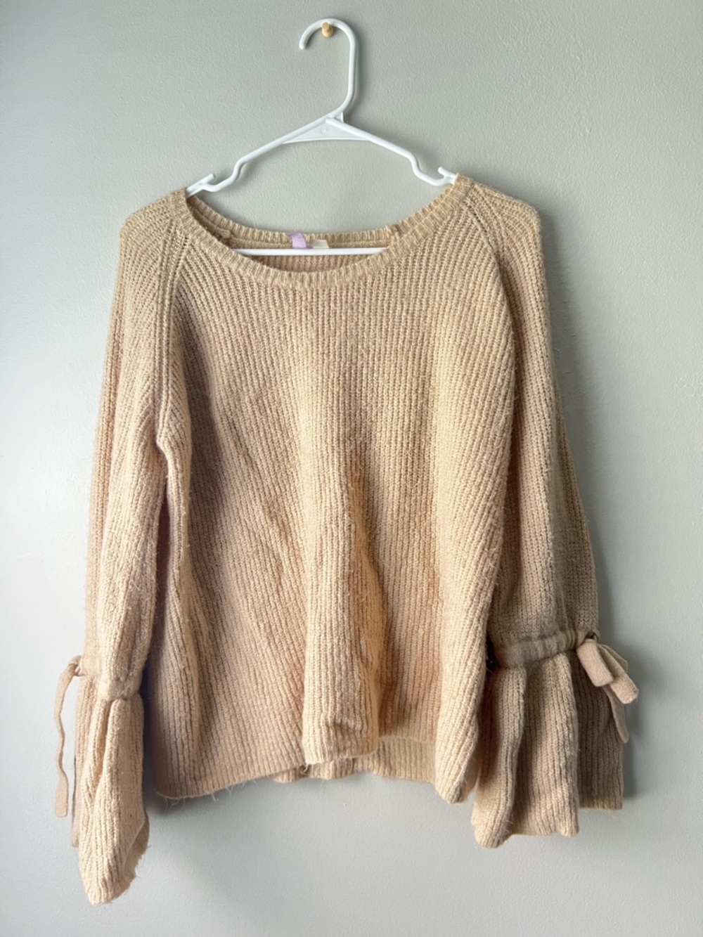 Tie-Sleeve Crewneck Sweater in Beige